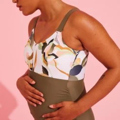 Women's Maternity Swimsuit Aquafitness Swimming AYA Khaki Flo White -Pro Swim Shop womens maternity swimsuit aquafitness swimming aya khaki flo white 4